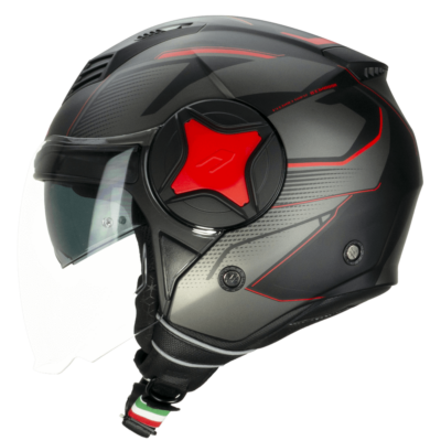 Casco jet ILLI 169 pantalla larga  con gafas solar negro rojo mate cgm