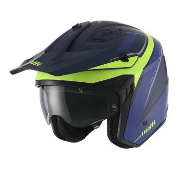 Casco jet trial con gafas solar pluton dv azul fluor mate unik